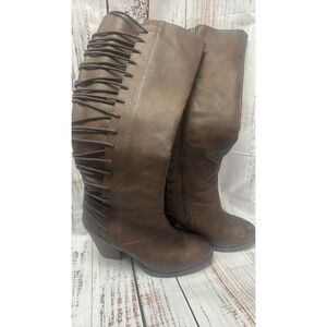 Womens Brown Lace Up Knee High‎ Boots Block Heel Side Zip